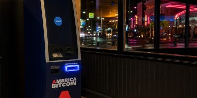 America Bitcoin ATM kiosk in Las Vegas at night