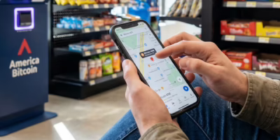 Person searching for a nearby Bitcoin ATM on a smartphone with an America Bitcoin ATM visible in a convenience store